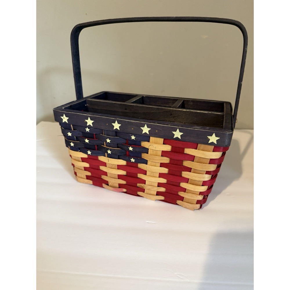 Country Cottage Woven Wood Utensil Basket Patriotic American Flag Stars Stripes